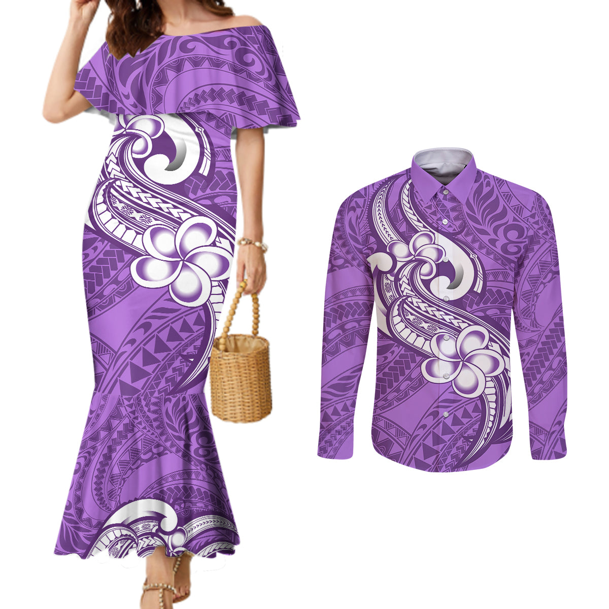 polynesia-couples-matching-mermaid-dress-and-long-sleeve-button-shirts-plumeria-with-tribal-pattern-purple-pastel-vibes