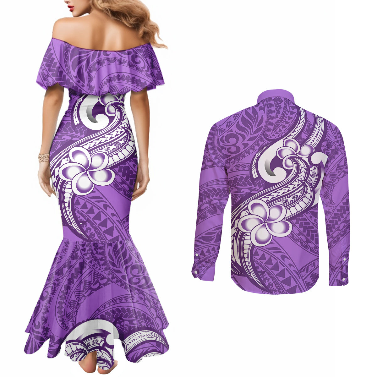 polynesia-couples-matching-mermaid-dress-and-long-sleeve-button-shirts-plumeria-with-tribal-pattern-purple-pastel-vibes