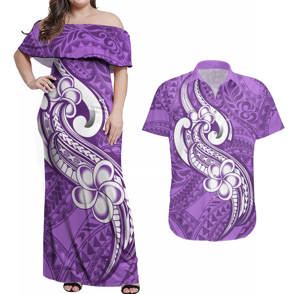 Polynesia Couples Matching Off Shoulder Maxi Dress and Hawaiian Shirt Plumeria With Tribal Pattern Purple Pastel Vibes - Wonder Print Shop