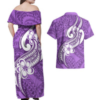 Polynesia Couples Matching Off Shoulder Maxi Dress and Hawaiian Shirt Plumeria With Tribal Pattern Purple Pastel Vibes - Wonder Print Shop