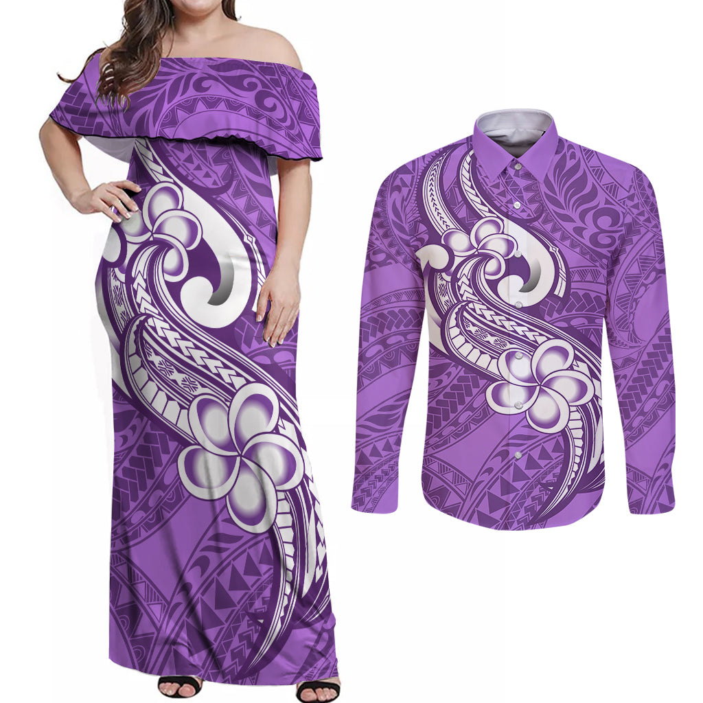 Polynesia Couples Matching Off Shoulder Maxi Dress and Long Sleeve Button Shirts Plumeria With Tribal Pattern Purple Pastel Vibes - Wonder Print Shop