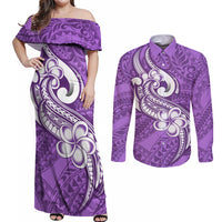 Polynesia Couples Matching Off Shoulder Maxi Dress and Long Sleeve Button Shirts Plumeria With Tribal Pattern Purple Pastel Vibes - Wonder Print Shop