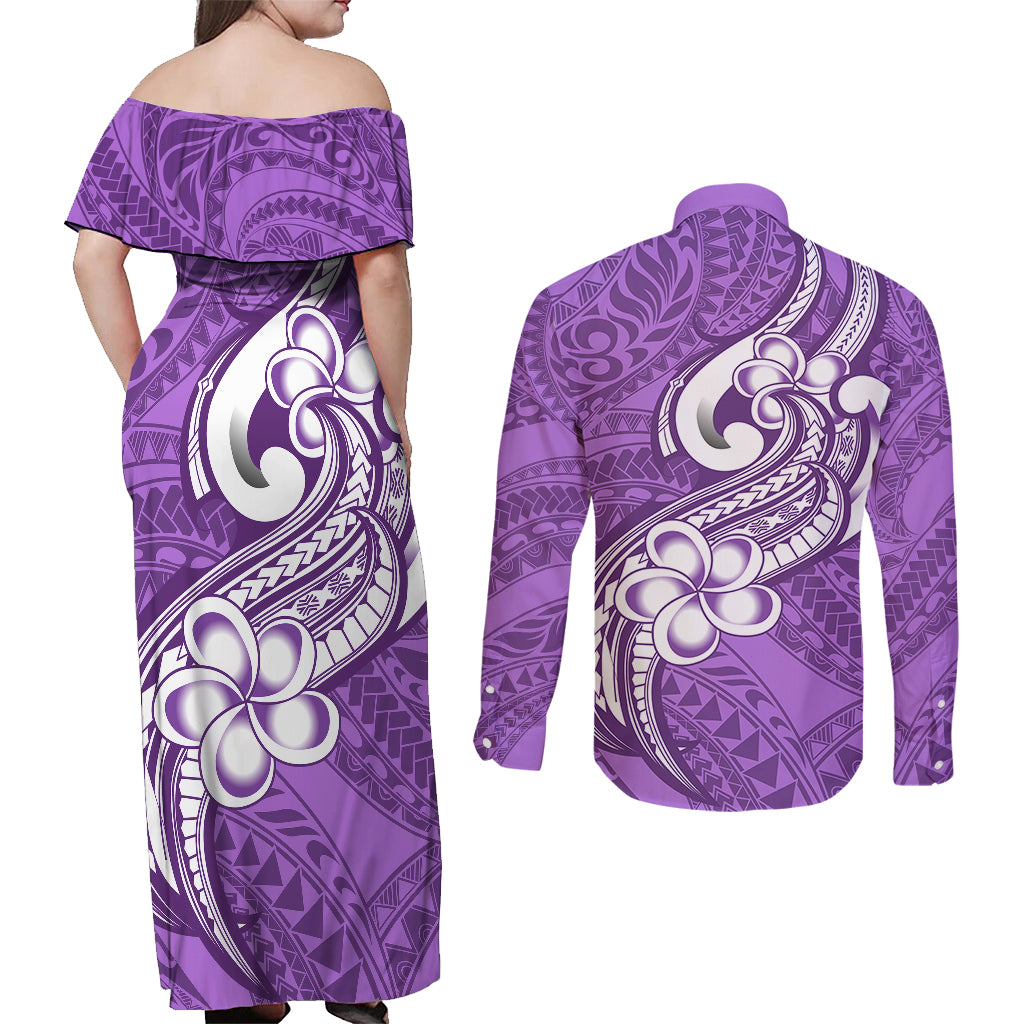 Polynesia Couples Matching Off Shoulder Maxi Dress and Long Sleeve Button Shirts Plumeria With Tribal Pattern Purple Pastel Vibes - Wonder Print Shop