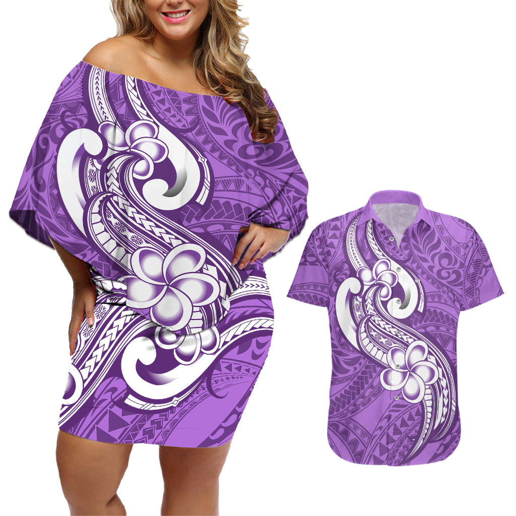 Polynesia Couples Matching Off Shoulder Short Dress and Hawaiian Shirt Plumeria With Tribal Pattern Purple Pastel Vibes - Wonder Print Shop