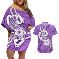 Polynesia Couples Matching Off Shoulder Short Dress and Hawaiian Shirt Plumeria With Tribal Pattern Purple Pastel Vibes - Wonder Print Shop