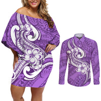 Polynesia Couples Matching Off Shoulder Short Dress and Long Sleeve Button Shirts Plumeria With Tribal Pattern Purple Pastel Vibes - Wonder Print Shop