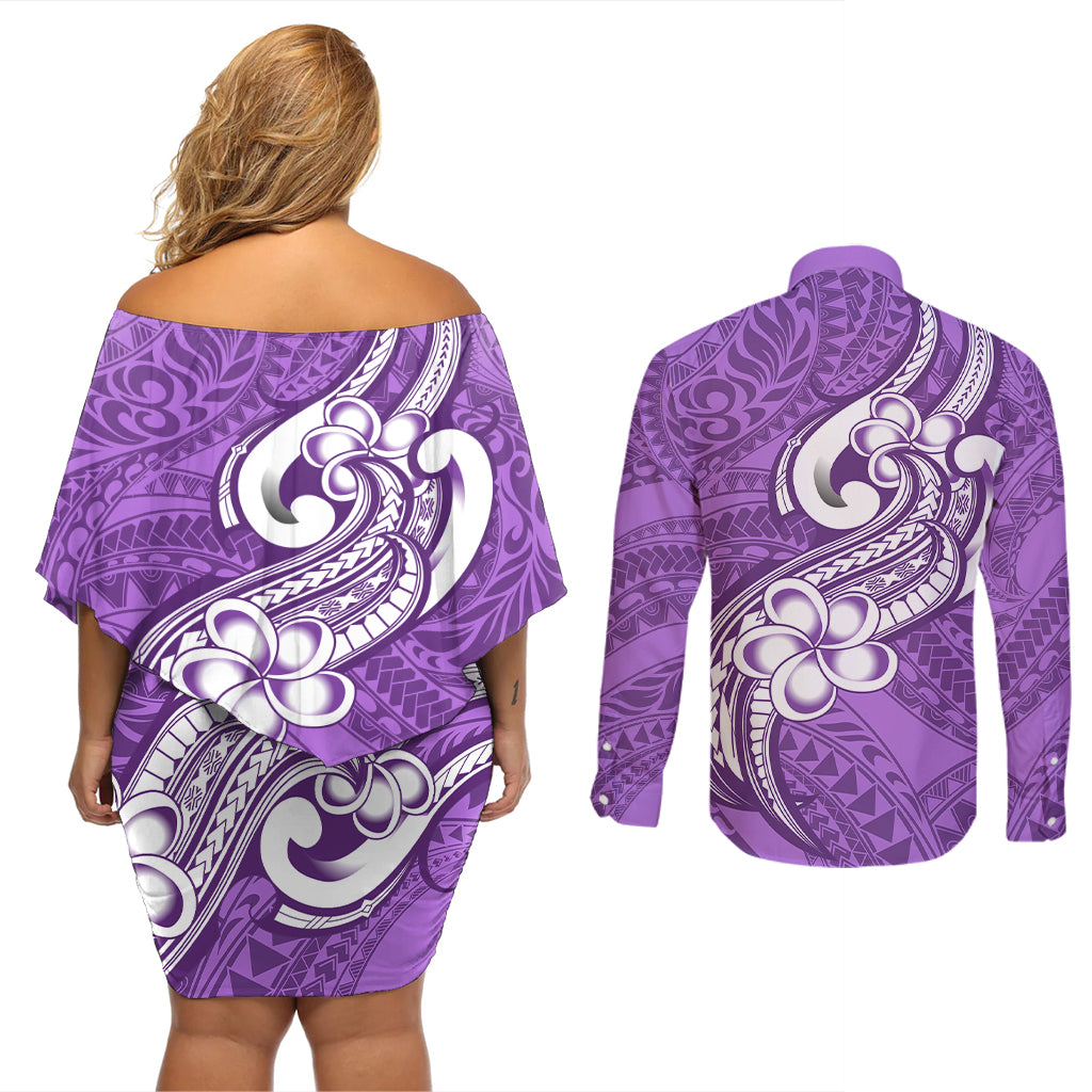 Polynesia Couples Matching Off Shoulder Short Dress and Long Sleeve Button Shirts Plumeria With Tribal Pattern Purple Pastel Vibes - Wonder Print Shop