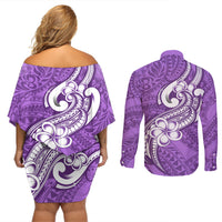 Polynesia Couples Matching Off Shoulder Short Dress and Long Sleeve Button Shirts Plumeria With Tribal Pattern Purple Pastel Vibes - Wonder Print Shop