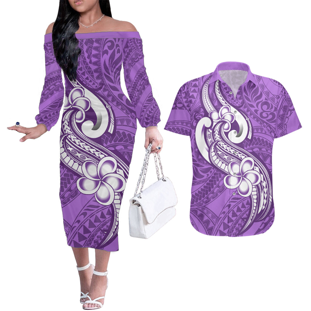 Polynesia Couples Matching Off The Shoulder Long Sleeve Dress and Hawaiian Shirt Plumeria With Tribal Pattern Purple Pastel Vibes - Wonder Print Shop
