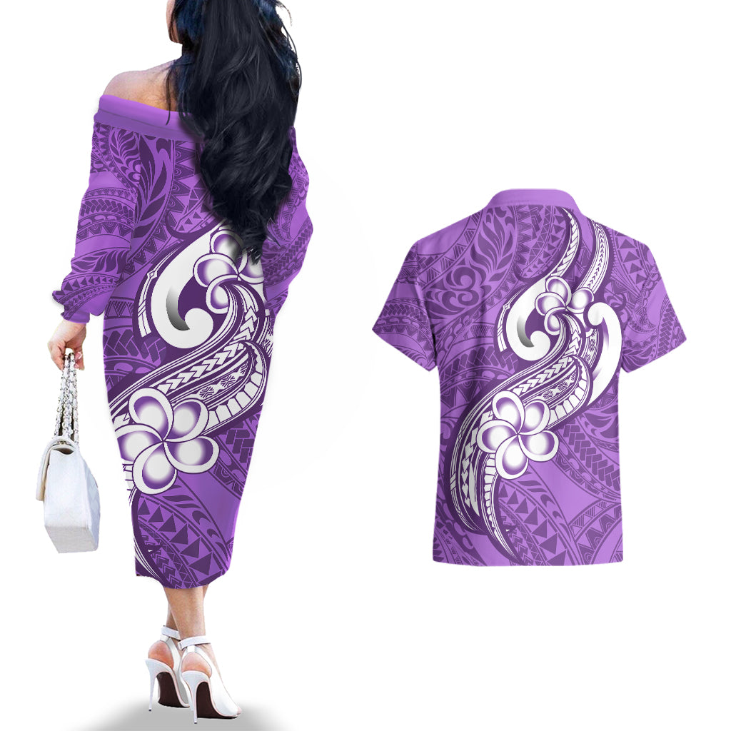 Polynesia Couples Matching Off The Shoulder Long Sleeve Dress and Hawaiian Shirt Plumeria With Tribal Pattern Purple Pastel Vibes - Wonder Print Shop