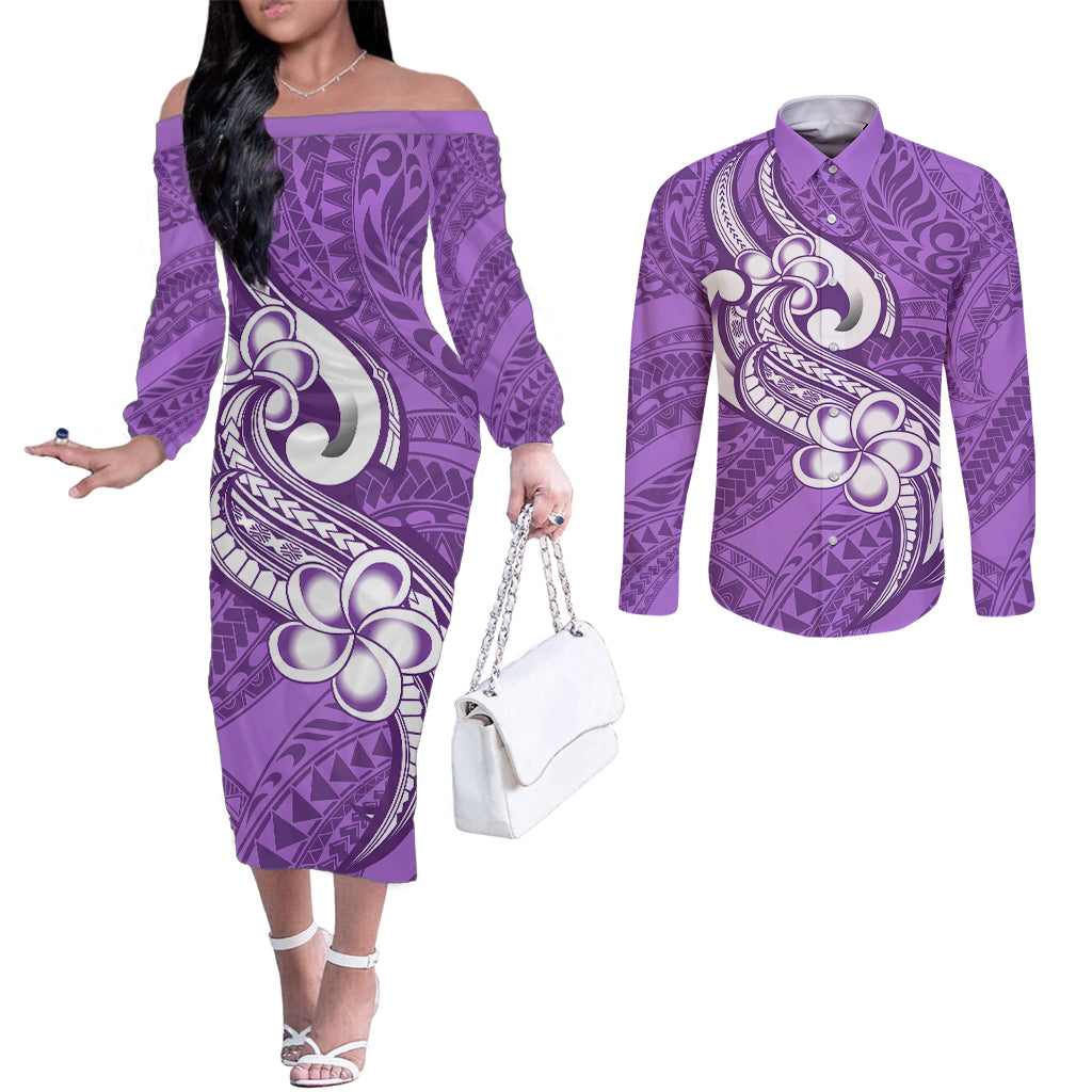polynesia-couples-matching-off-the-shoulder-long-sleeve-dress-and-long-sleeve-button-shirts-plumeria-with-tribal-pattern-purple-pastel-vibes