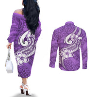 polynesia-couples-matching-off-the-shoulder-long-sleeve-dress-and-long-sleeve-button-shirts-plumeria-with-tribal-pattern-purple-pastel-vibes