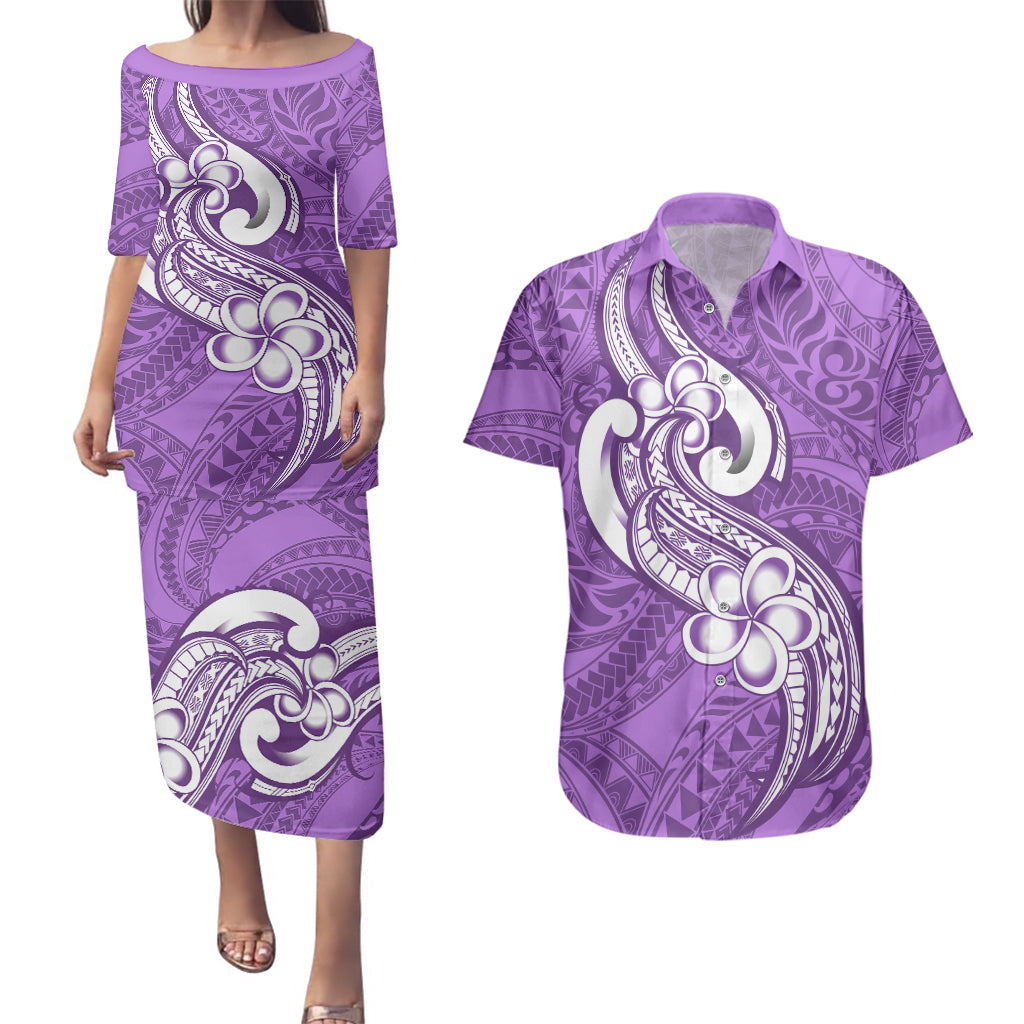 Polynesia Couples Matching Puletasi Dress and Hawaiian Shirt Plumeria With Tribal Pattern Purple Pastel Vibes - Wonder Print Shop