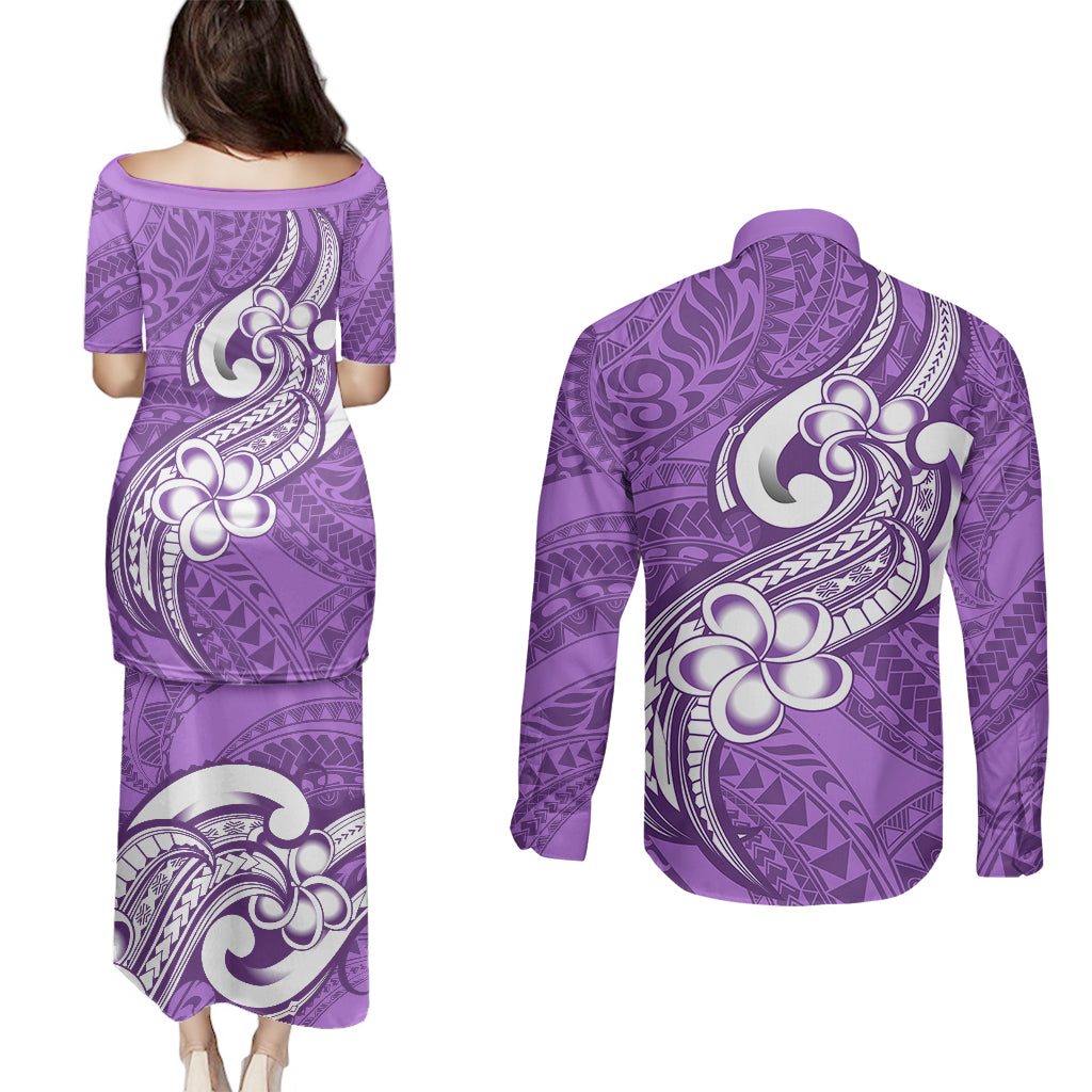 Polynesia Couples Matching Puletasi Dress and Long Sleeve Button Shirts Plumeria With Tribal Pattern Purple Pastel Vibes - Wonder Print Shop