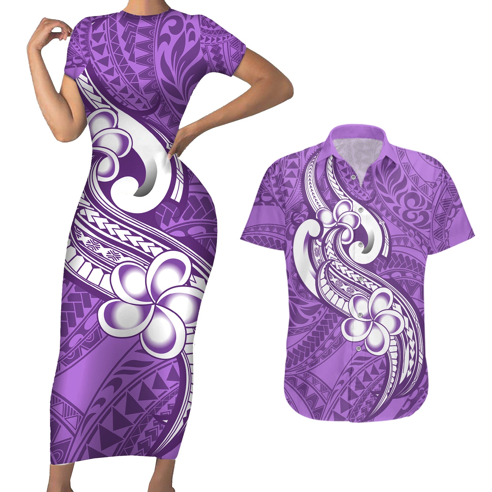 Polynesia Couples Matching Short Sleeve Bodycon Dress and Hawaiian Shirt Plumeria With Tribal Pattern Purple Pastel Vibes - Wonder Print Shop