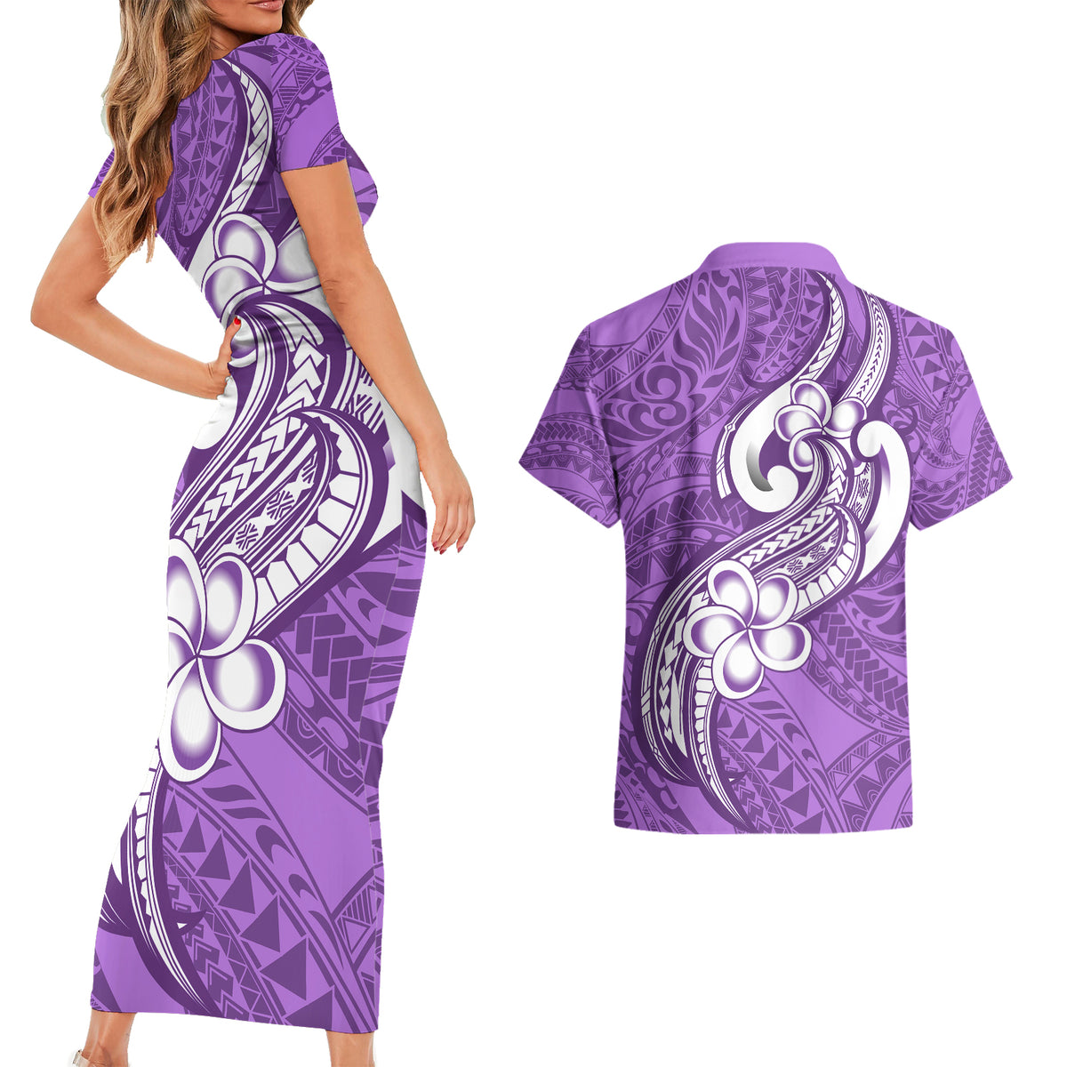 Polynesia Couples Matching Short Sleeve Bodycon Dress and Hawaiian Shirt Plumeria With Tribal Pattern Purple Pastel Vibes - Wonder Print Shop
