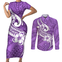 Polynesia Couples Matching Short Sleeve Bodycon Dress and Long Sleeve Button Shirts Plumeria With Tribal Pattern Purple Pastel Vibes - Wonder Print Shop