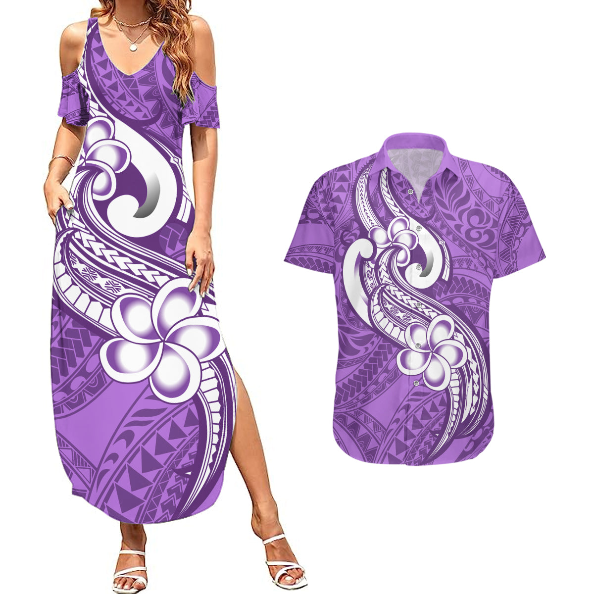Polynesia Couples Matching Summer Maxi Dress and Hawaiian Shirt Plumeria With Tribal Pattern Purple Pastel Vibes - Wonder Print Shop