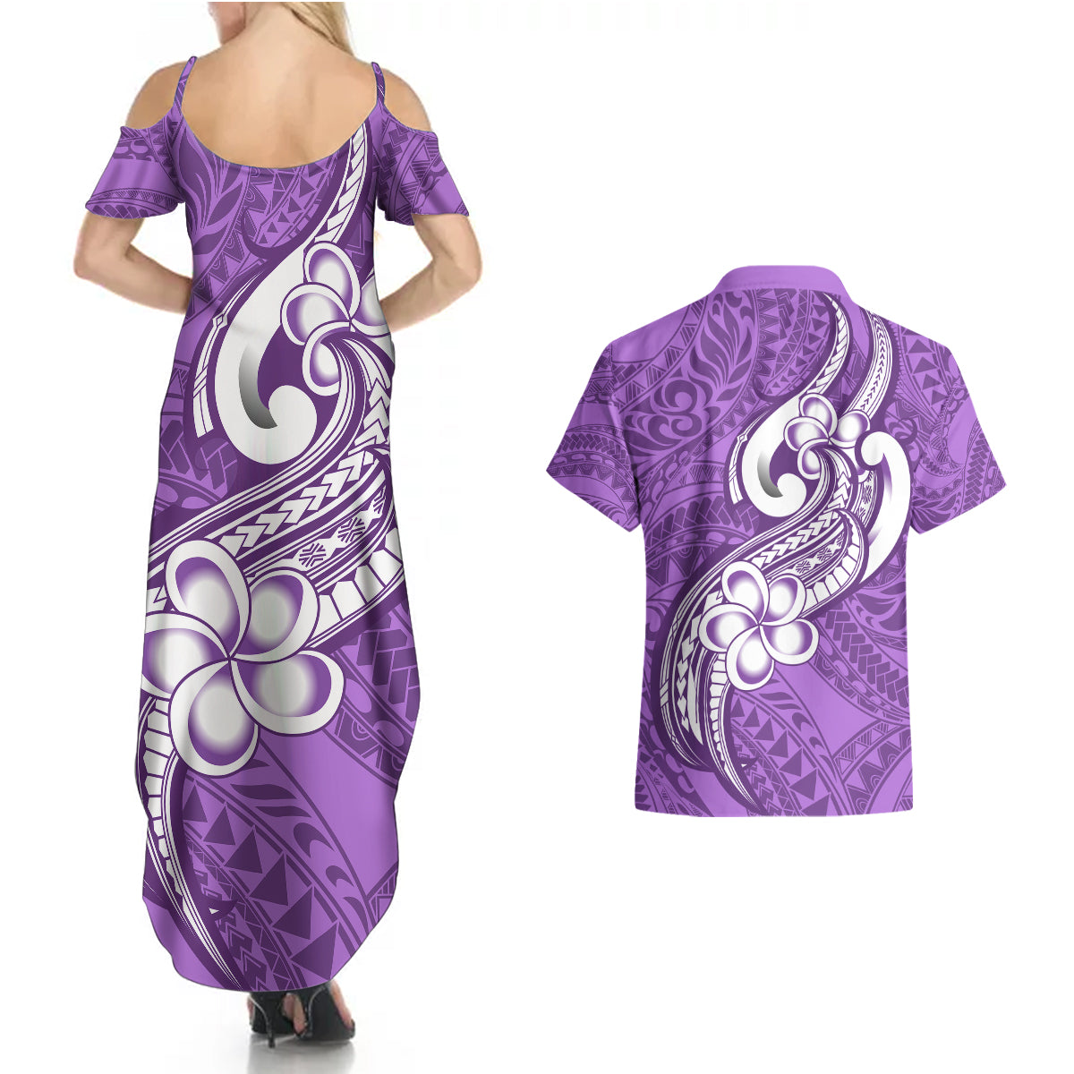 Polynesia Couples Matching Summer Maxi Dress and Hawaiian Shirt Plumeria With Tribal Pattern Purple Pastel Vibes - Wonder Print Shop