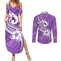 Polynesia Couples Matching Summer Maxi Dress and Long Sleeve Button Shirts Plumeria With Tribal Pattern Purple Pastel Vibes - Wonder Print Shop
