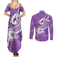 Polynesia Couples Matching Summer Maxi Dress and Long Sleeve Button Shirts Plumeria With Tribal Pattern Purple Pastel Vibes - Wonder Print Shop