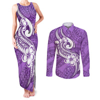 Polynesia Couples Matching Tank Maxi Dress and Long Sleeve Button Shirts Plumeria With Tribal Pattern Purple Pastel Vibes - Wonder Print Shop