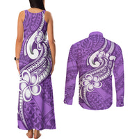 Polynesia Couples Matching Tank Maxi Dress and Long Sleeve Button Shirts Plumeria With Tribal Pattern Purple Pastel Vibes - Wonder Print Shop