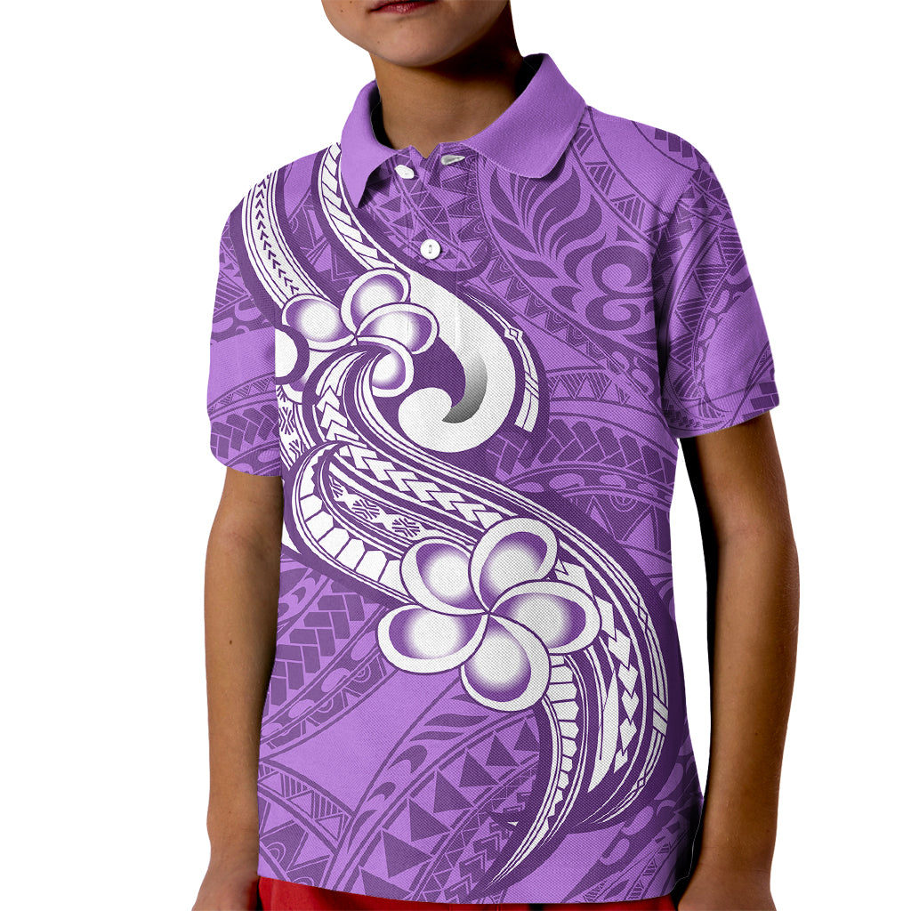 Polynesia Kid Polo Shirt Plumeria With Tribal Pattern Purple Pastel Vibes - Wonder Print Shop