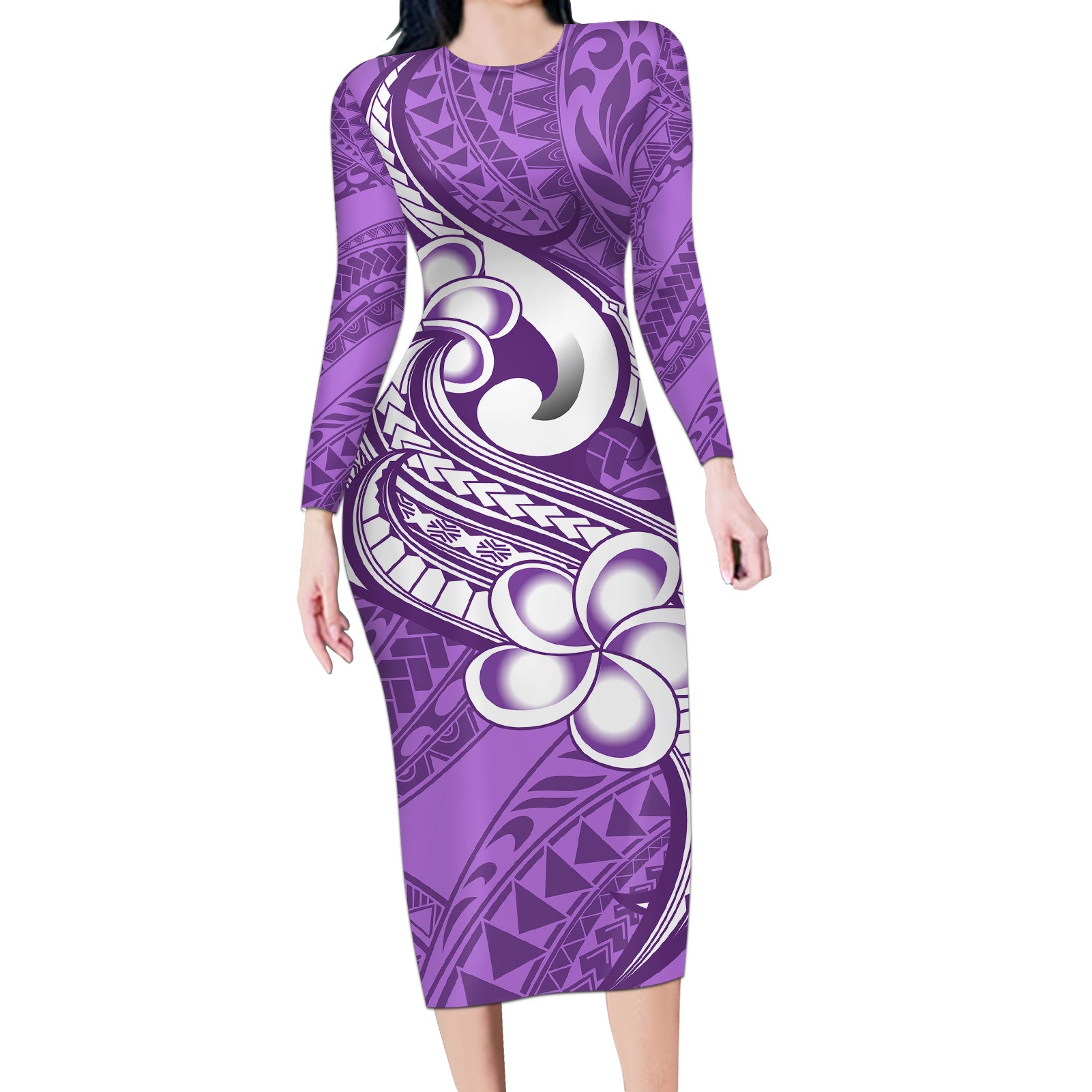 Polynesia Long Sleeve Bodycon Dress Plumeria With Tribal Pattern Purple Pastel Vibes - Wonder Print Shop