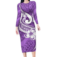 Polynesia Long Sleeve Bodycon Dress Plumeria With Tribal Pattern Purple Pastel Vibes - Wonder Print Shop