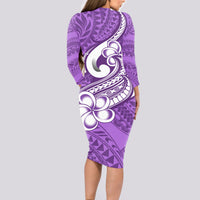 Polynesia Long Sleeve Bodycon Dress Plumeria With Tribal Pattern Purple Pastel Vibes - Wonder Print Shop