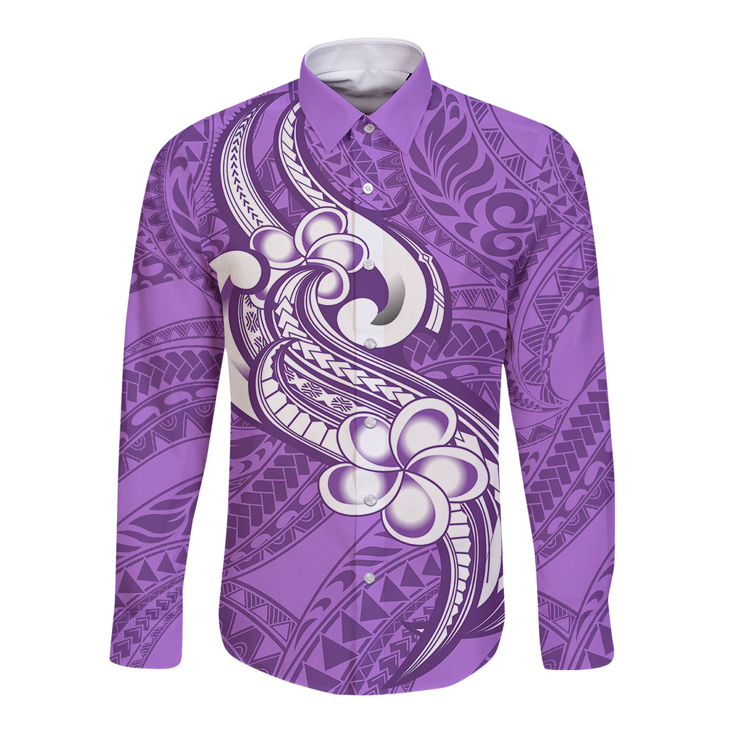 Polynesia Long Sleeve Button Shirt Plumeria With Tribal Pattern Purple Pastel Vibes - Wonder Print Shop