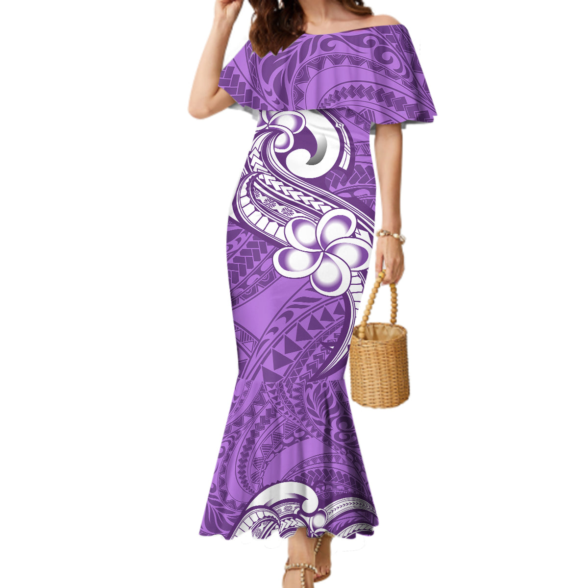 Polynesia Mermaid Dress Plumeria With Tribal Pattern Purple Pastel Vibes - Wonder Print Shop
