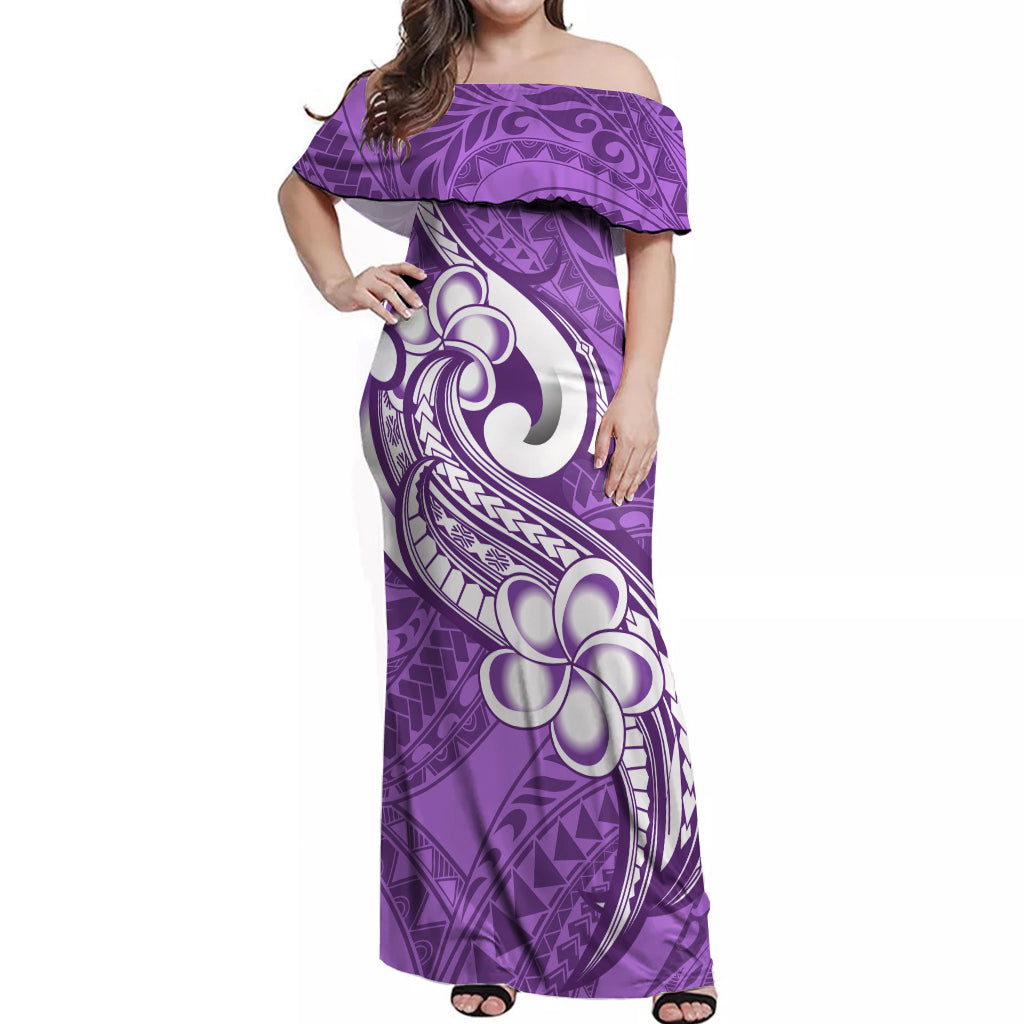 Polynesia Off Shoulder Maxi Dress Plumeria With Tribal Pattern Purple Pastel Vibes - Wonder Print Shop