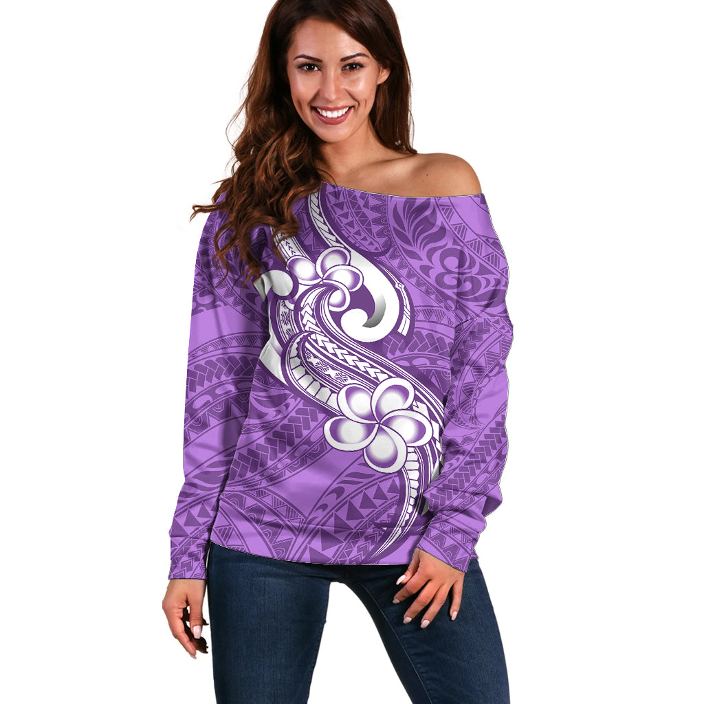 Polynesia Off Shoulder Sweater Plumeria With Tribal Pattern Purple Pastel Vibes - Wonder Print Shop