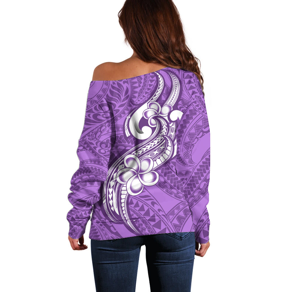 Polynesia Off Shoulder Sweater Plumeria With Tribal Pattern Purple Pastel Vibes - Wonder Print Shop