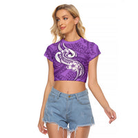 Polynesia Raglan Cropped T Shirt Plumeria With Tribal Pattern Purple Pastel Vibes - Wonder Print Shop