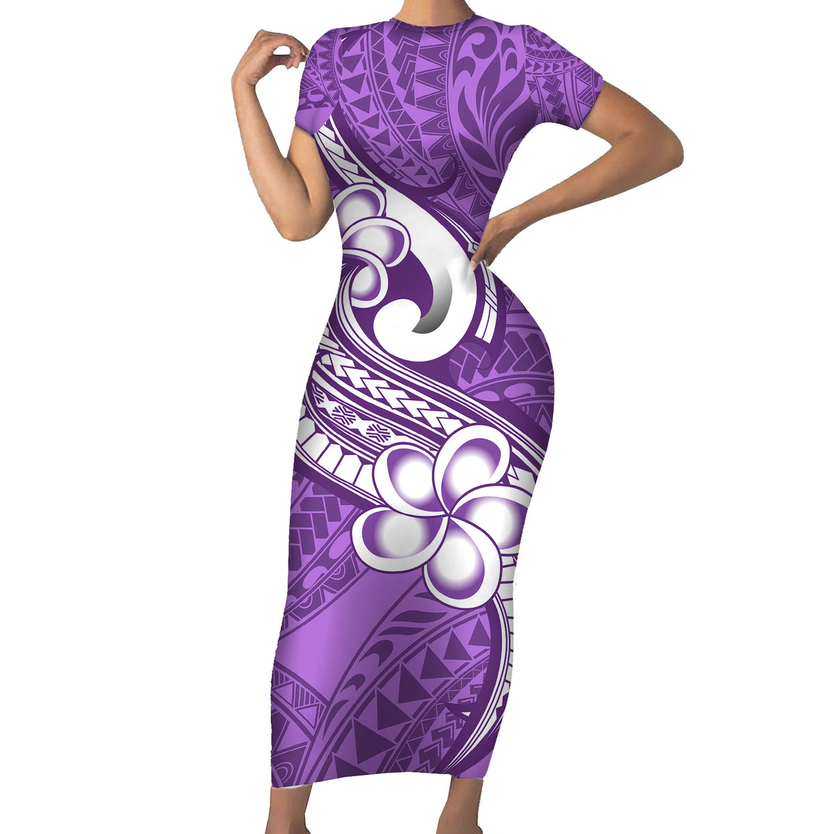 Polynesia Short Sleeve Bodycon Dress Plumeria With Tribal Pattern Purple Pastel Vibes - Wonder Print Shop