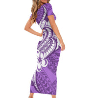 Polynesia Short Sleeve Bodycon Dress Plumeria With Tribal Pattern Purple Pastel Vibes - Wonder Print Shop