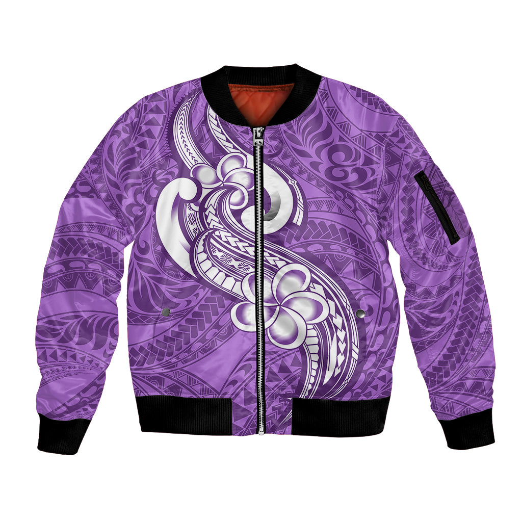 Polynesia Sleeve Zip Bomber Jacket Plumeria With Tribal Pattern Purple Pastel Vibes - Wonder Print Shop