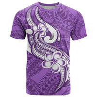 Purple crewneck T-shirt with large plumeria and tribal swirl pattern