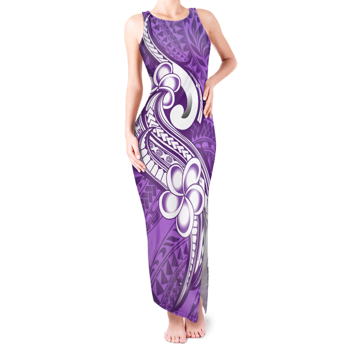 Polynesia Tank Maxi Dress Plumeria With Tribal Pattern Purple Pastel Vibes - Wonder Print Shop