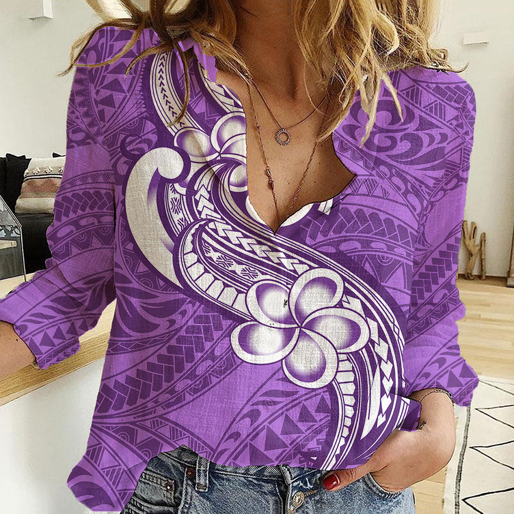 Polynesia Women Casual Shirt Plumeria With Tribal Pattern Purple Pastel Vibes - Wonder Print Shop