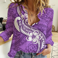 Polynesia Women Casual Shirt Plumeria With Tribal Pattern Purple Pastel Vibes - Wonder Print Shop