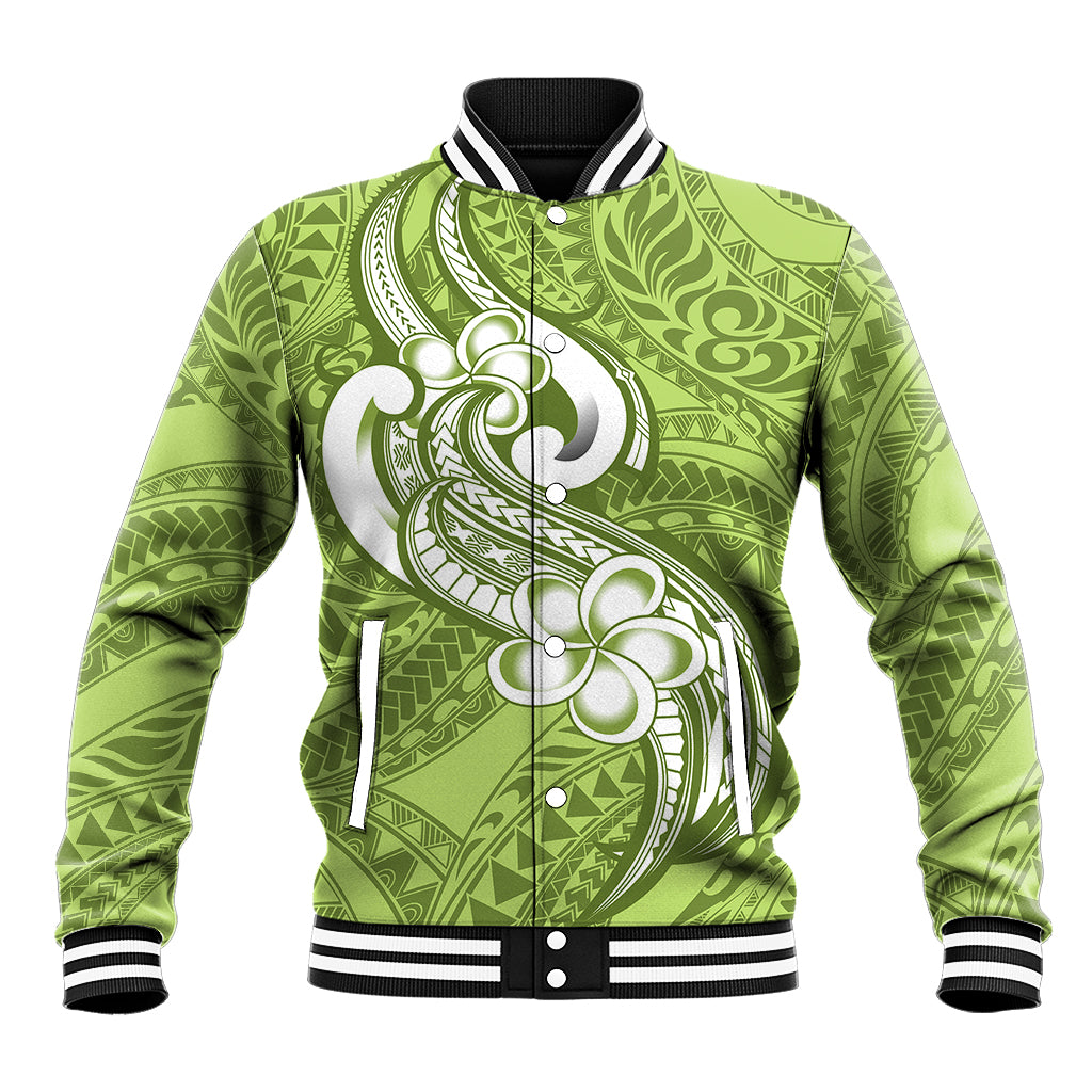 Polynesia Baseball Jacket Plumeria With Tribal Pattern Green Pastel Vibes - Wonder Print Shop