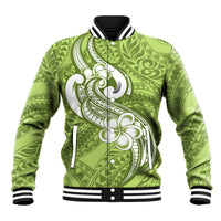 Polynesia Baseball Jacket Plumeria With Tribal Pattern Green Pastel Vibes - Wonder Print Shop