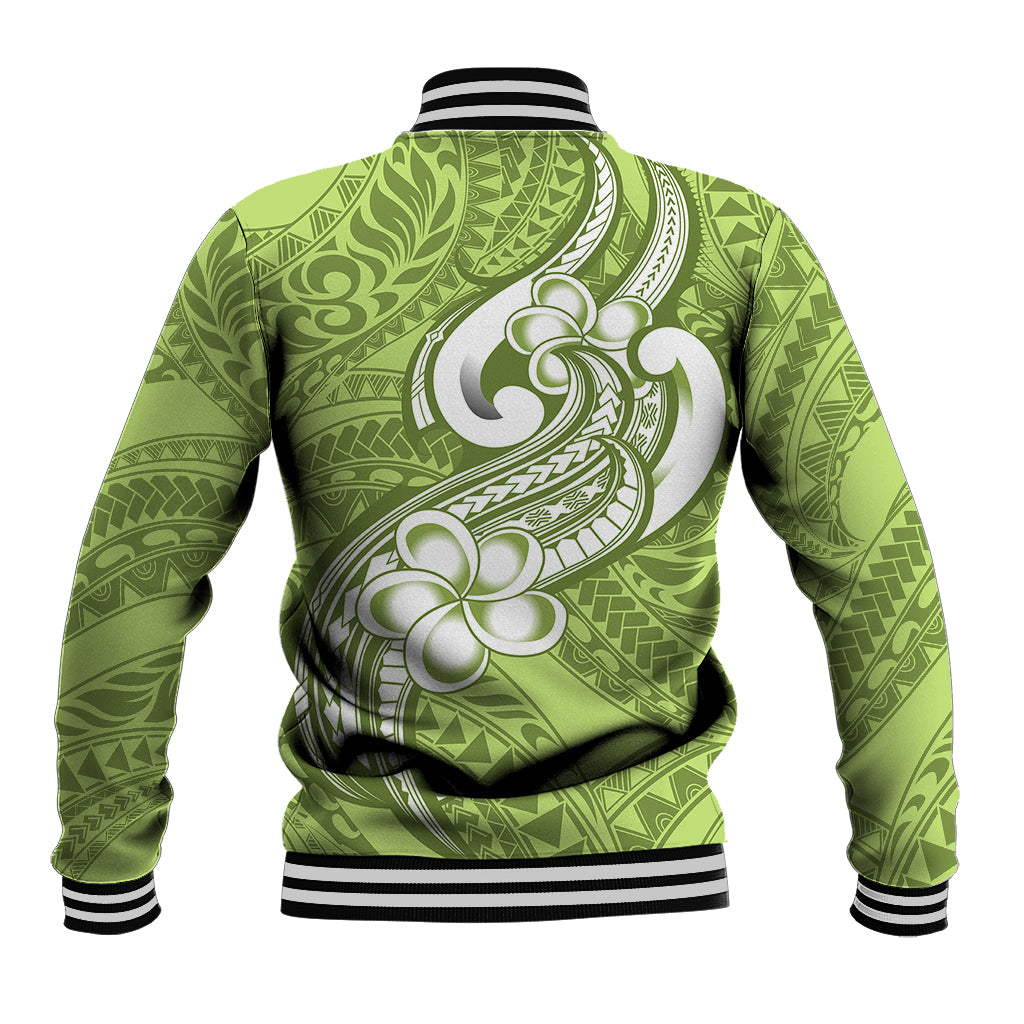 Polynesia Baseball Jacket Plumeria With Tribal Pattern Green Pastel Vibes - Wonder Print Shop