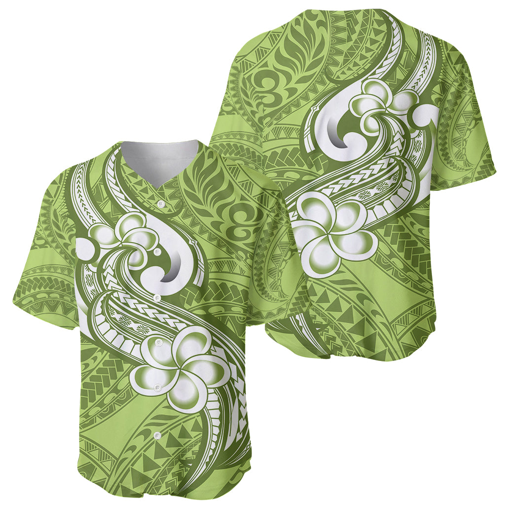 Polynesia Baseball Jersey Plumeria With Tribal Pattern Green Pastel Vibes - Wonder Print Shop