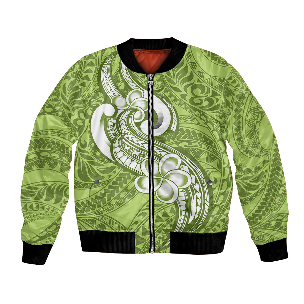 Polynesia Bomber Jacket Plumeria With Tribal Pattern Green Pastel Vibes - Wonder Print Shop