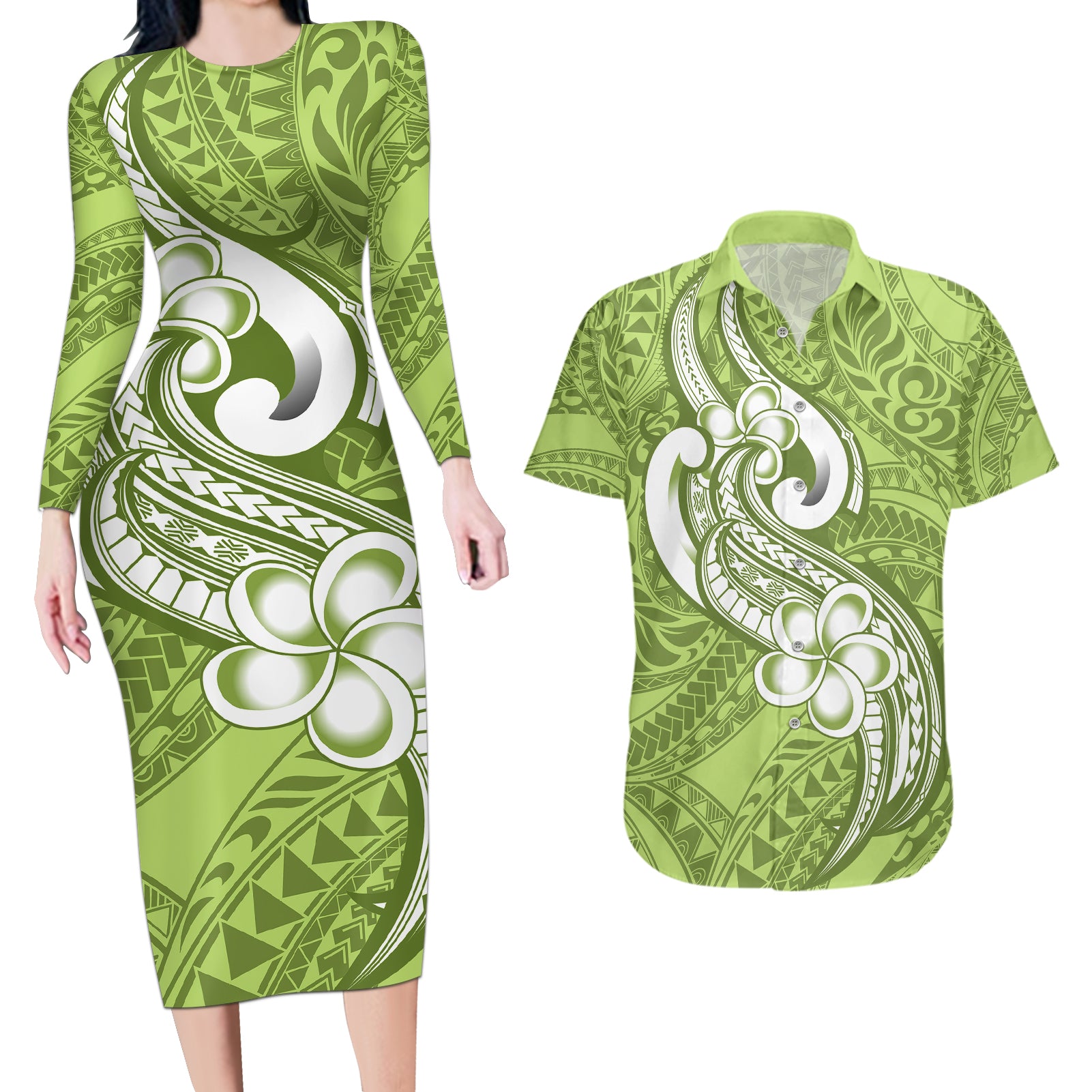 Polynesia Couples Matching Long Sleeve Bodycon Dress and Hawaiian Shirt Plumeria With Tribal Pattern Green Pastel Vibes - Wonder Print Shop